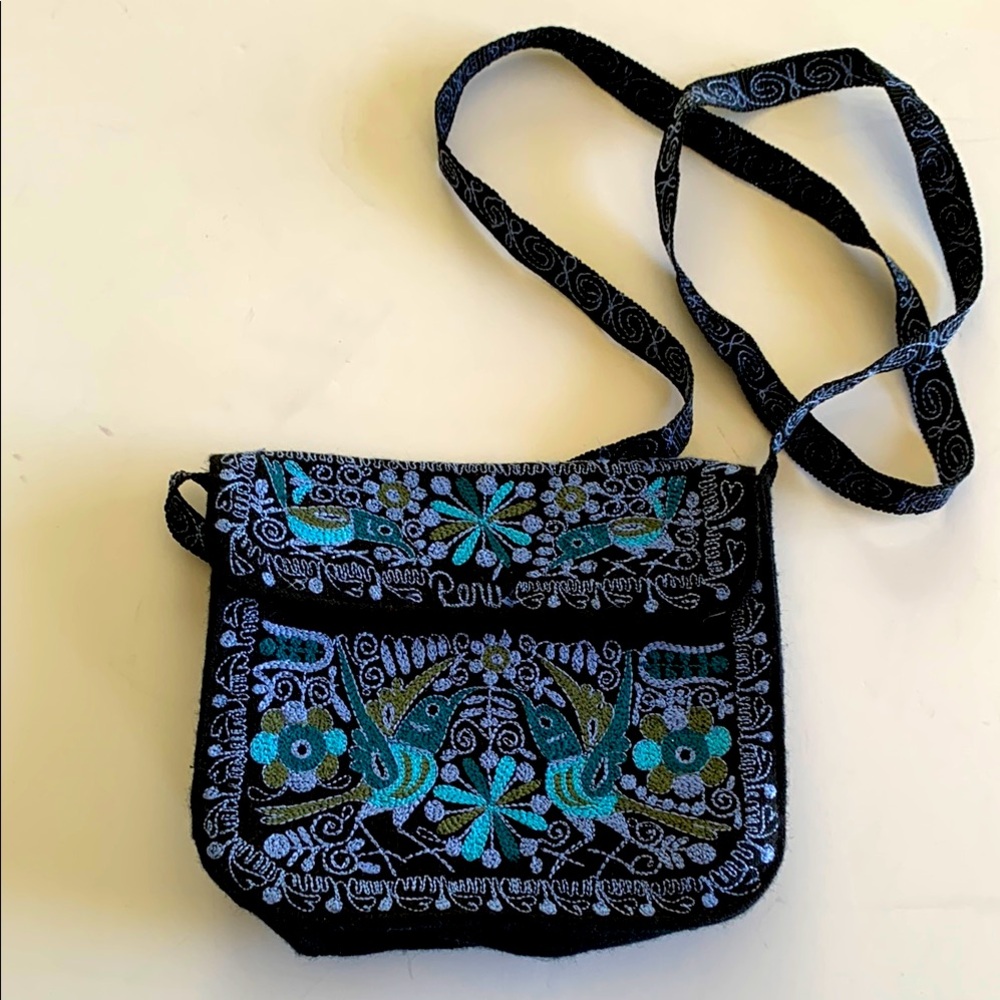 Hand Embroidered Black and Blue Peruvian Crossbody Bag
